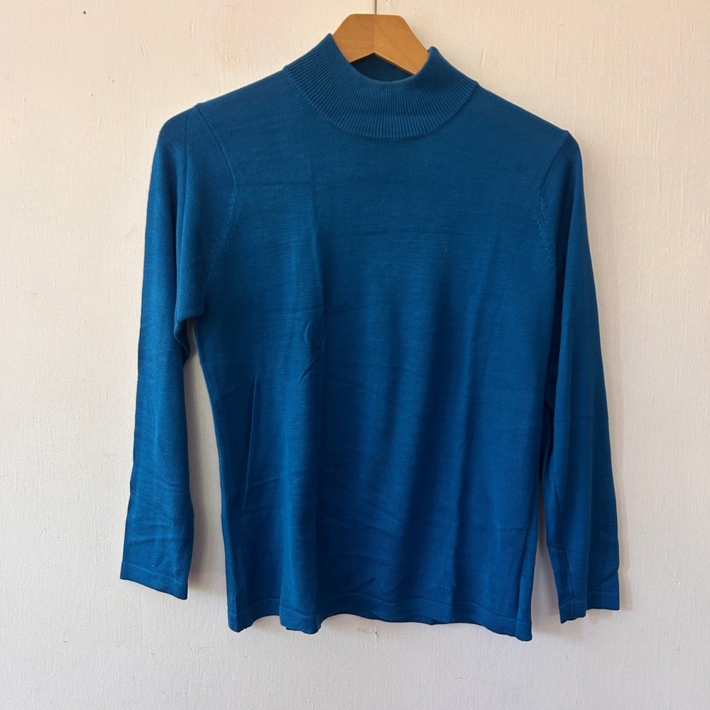 August Silk Sweater Womens Petite Small Teal Blue Mock Neck Silk Knit Classic
